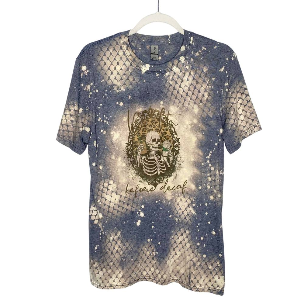 Gildan Death Before Coffee Skeleton Bleach Dye Graphic Tee Medium Short Sleeve